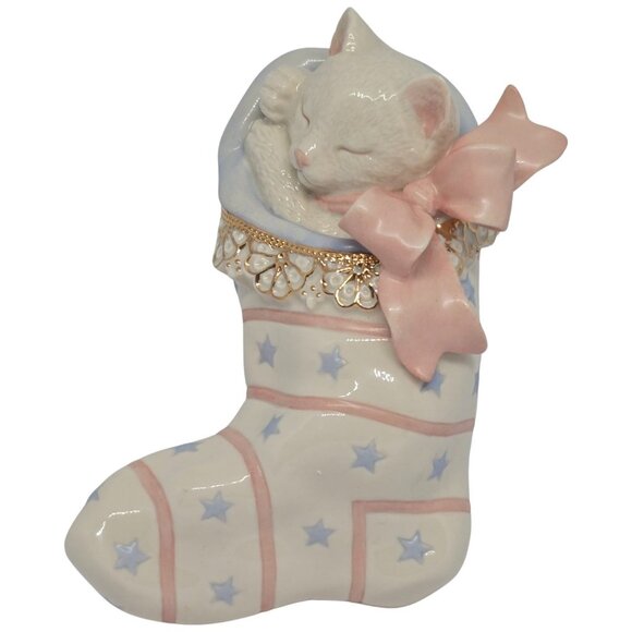Lenox Christmas Dreams Hand Painted Porcelain Cat In Stocking Figurine With 24K - Picture 4 of 8